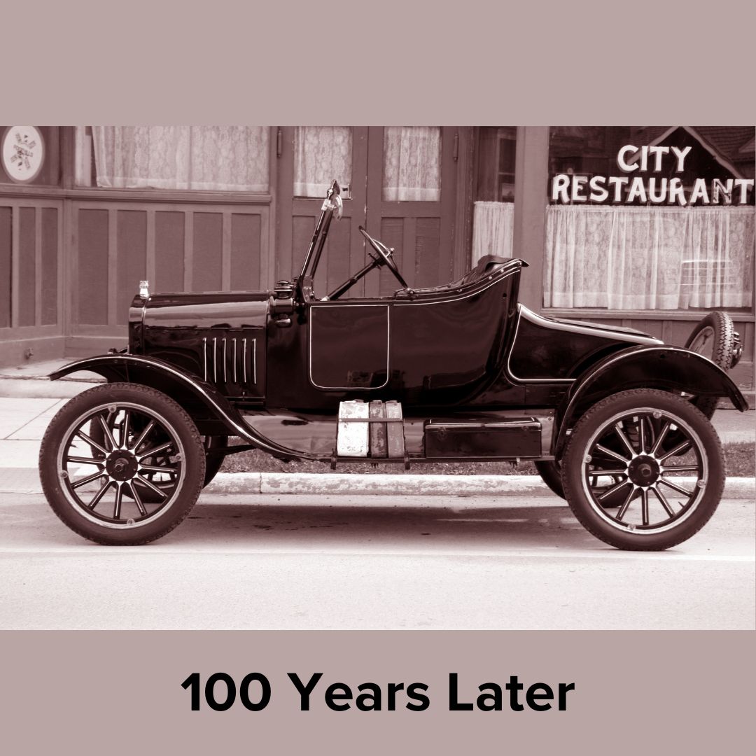 Title '100 Years Later' in black at the bottom. The image is of a very old vehicle - likely a Ford Model T in front of a building. A sign in the background says 'City Restaurant.' The image is in black and white.