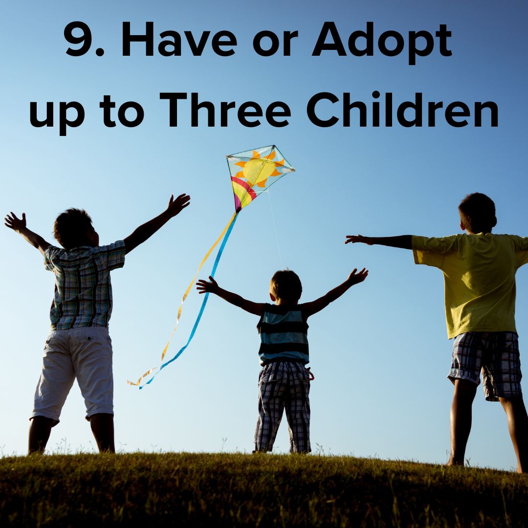 Three children flying a kite with arms outstretched on top of a hill. The black title at the top says: '9. Have or Adopt up to Three Children'