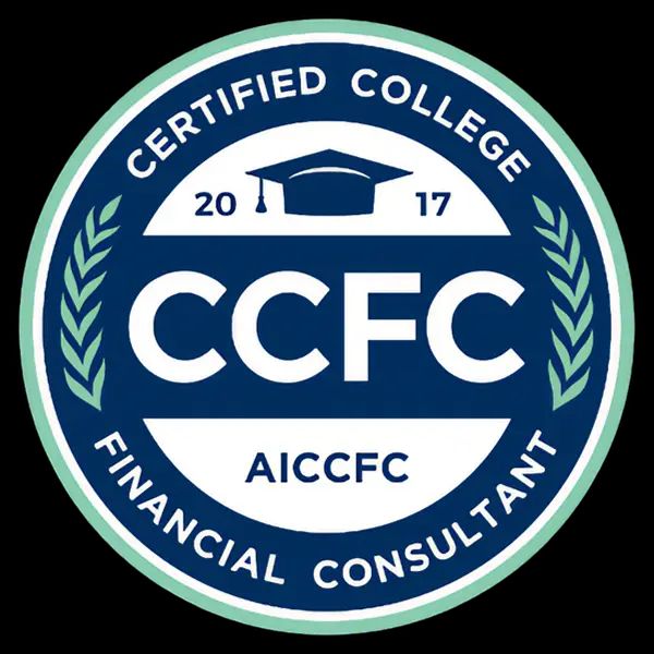 CCFC in middle. CERTIFIED COLLEGE on top and FINANCIAL CONSULTANT on bottom, all in white. Image of a cap and mortar board on top between 20 and 17 in the year 2017. Green laurels on left and right. Circular image with blue background, green border.