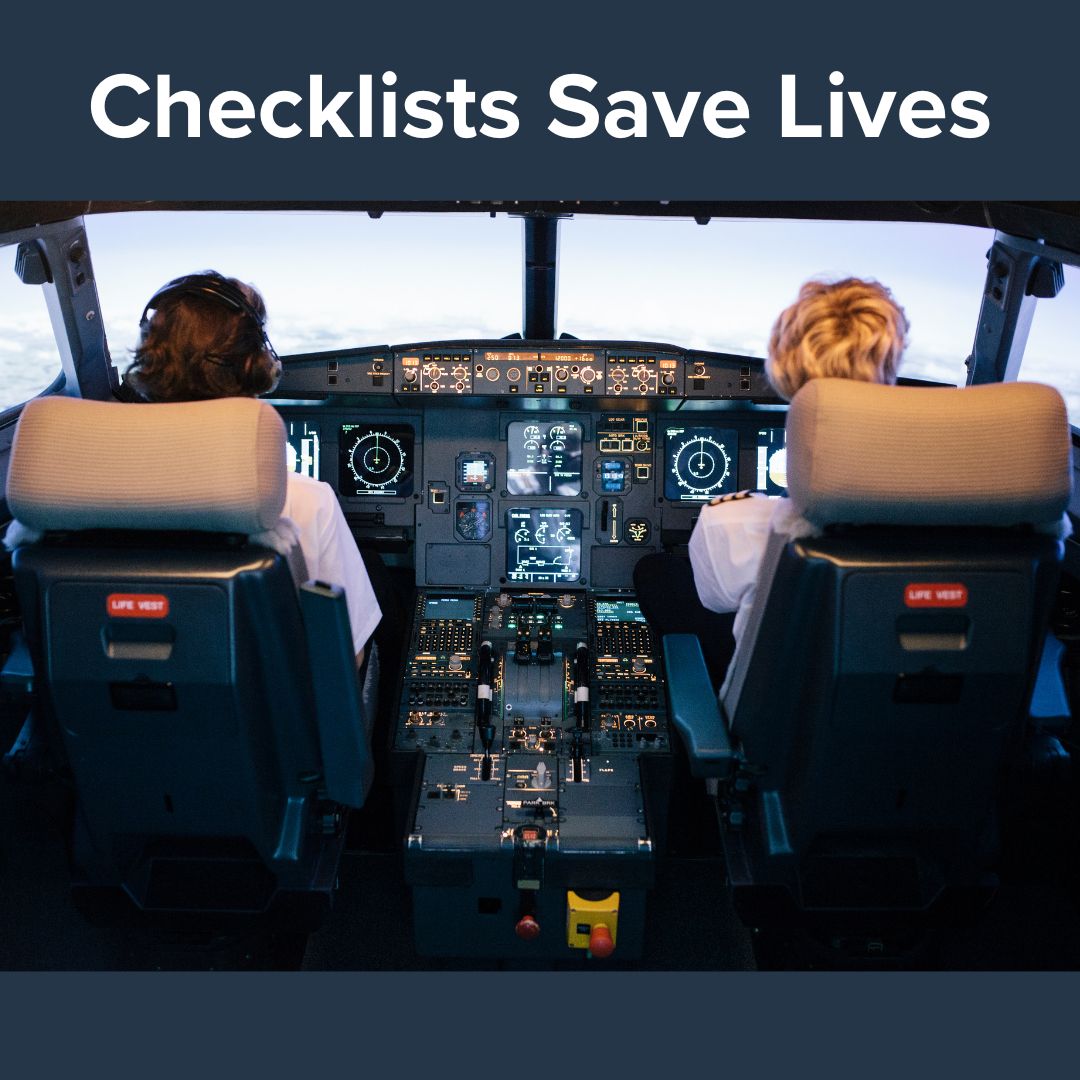 Title 'Checklists Save Lives' in white on top. Image of two female pilots in the cockpit of a large airplane flying on a sunny day.
