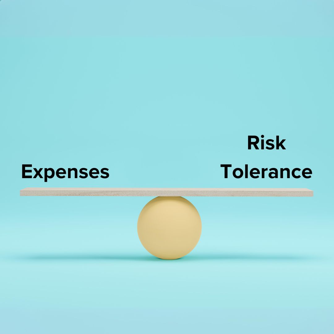 A photo of a wooden plank balancing on a ball. 'Expenses' is on the left side of the plan. 'Risk Tolerane' is on the right. The background is light blue.
