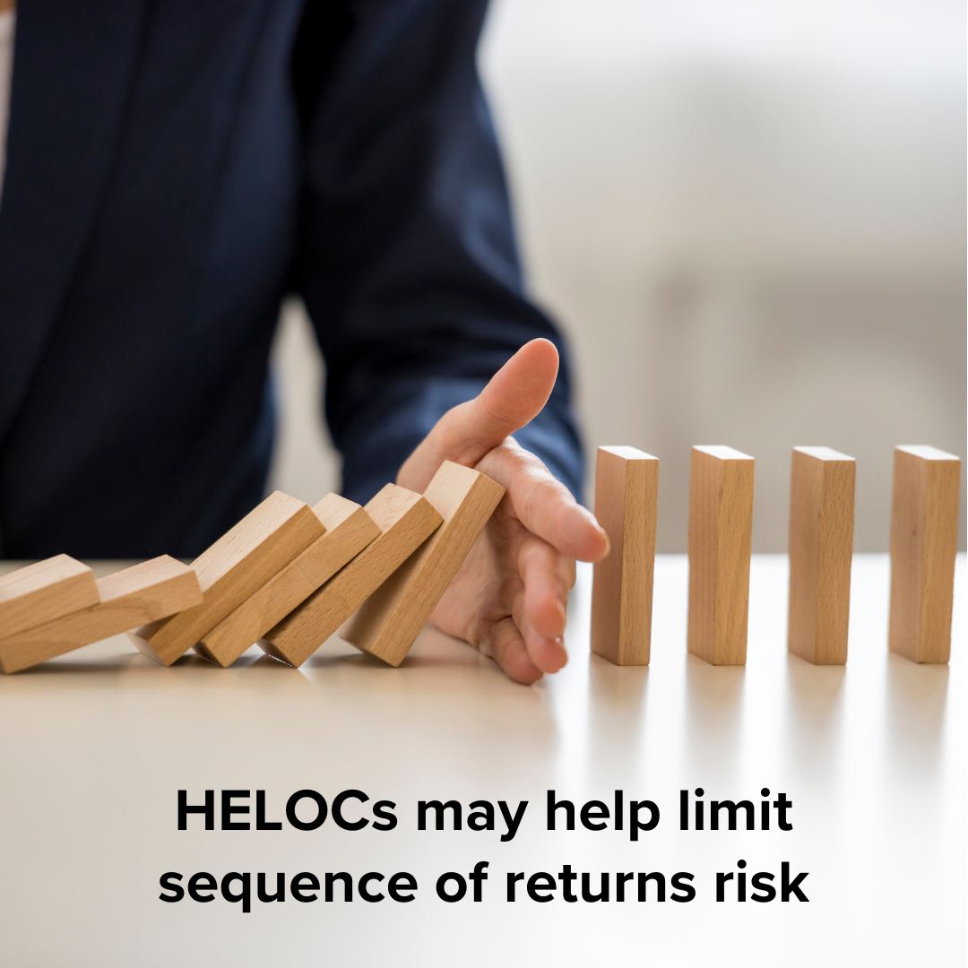 Title 'HELOCs may help limit sequence of returns risk' on bottom. Photo of someone stopping a set of falling wooden blocks arranged in a domino pattern on a table.