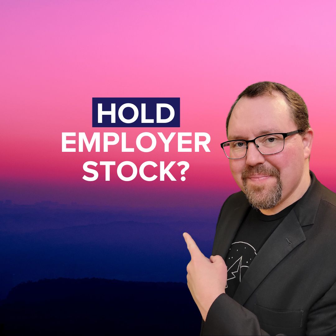 Title: 'HOLD EMPLOYER STOCK?' HOLD is surrounded by a dark blue rectangle. kevin Estes stands, point to the title on the bottom-right. The background is from a mountaintop at sunset.