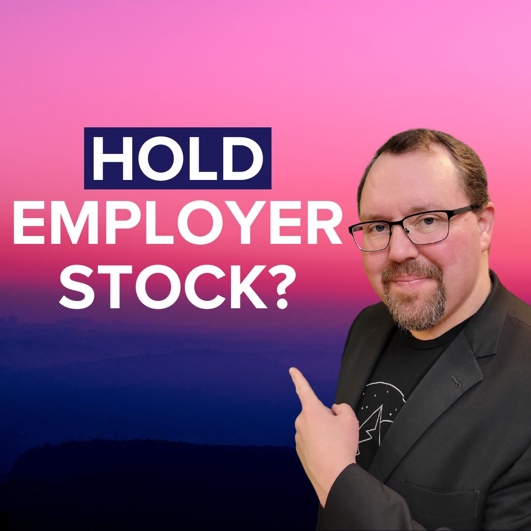 Photo of Kevin Estes wearing a suit and tee shirt. His finger is up and points to 'Hold employer stock?' The background is from the top of a mountain at sunset.