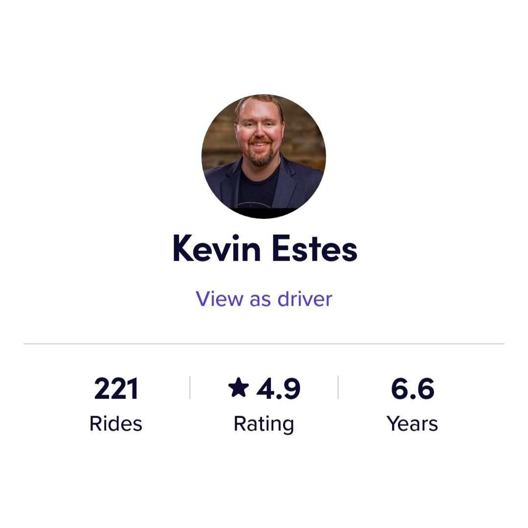 Screen capture of Kevin Estes' Lyft profile. It shows 221 Rides with a 4.9 star rating over 6.6 years.