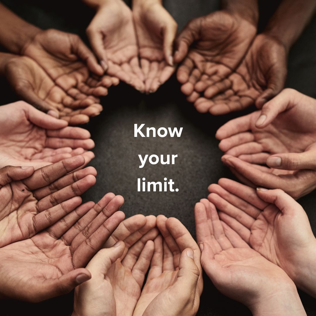 Title 'Know your limit.' in white in the middle. Around it are a eight sets of cupped hands trying asking for support.