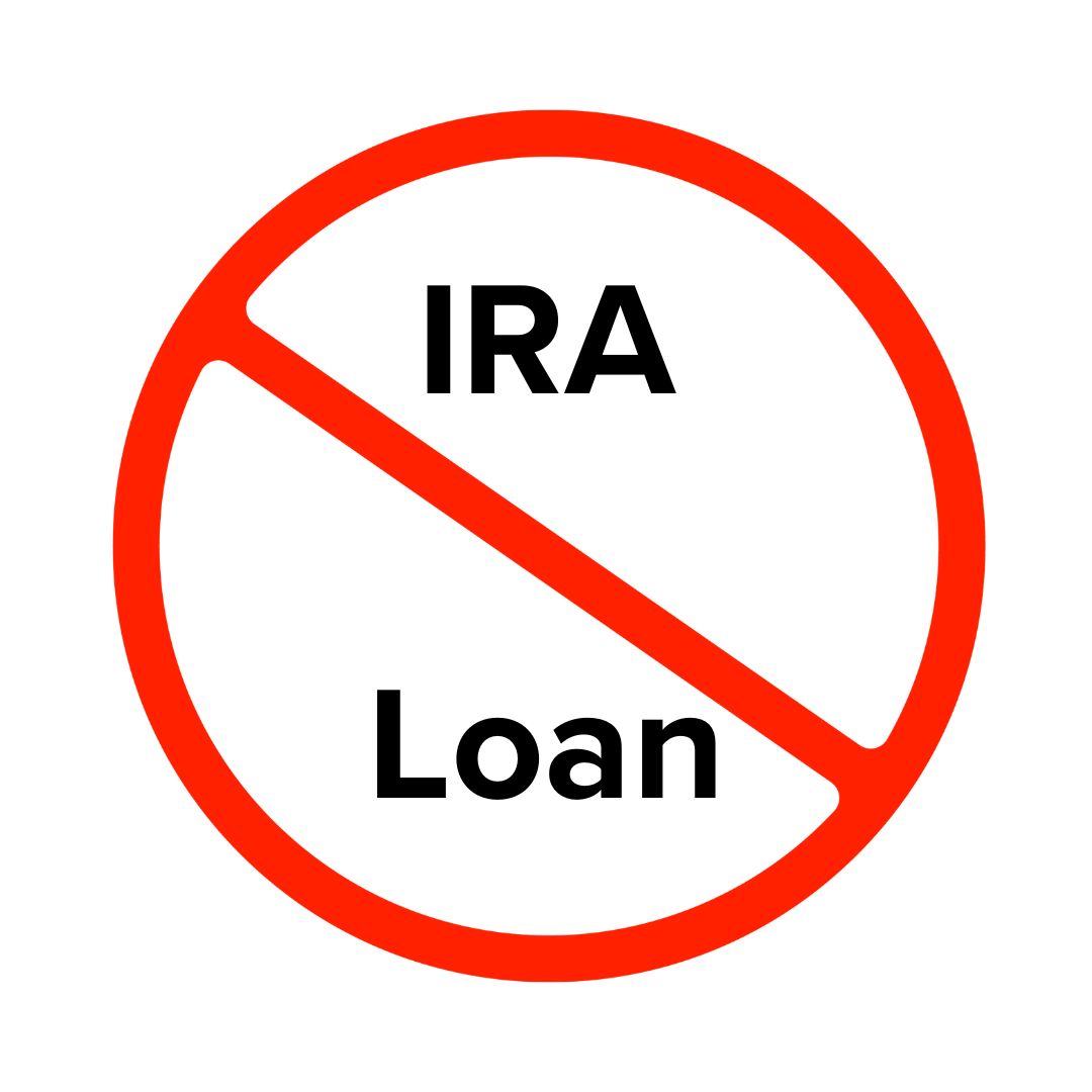 Graphic of a red circle with a line through it. The words inside say 'IRA Loan'. It represents 'No IRA Loan.'