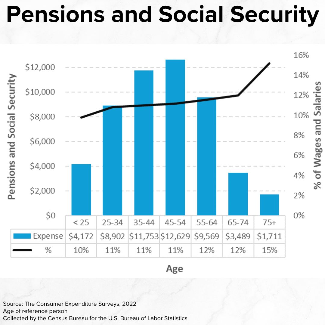 Title 'Pensions and Social Security' on top. A vertical bar chart has Age on the x-axis, Pensions and Social Security on the left y-axis, and % of Wages and Salaries on the right y-axis. The costs rise quickly until age 45-54 and then fall faster.