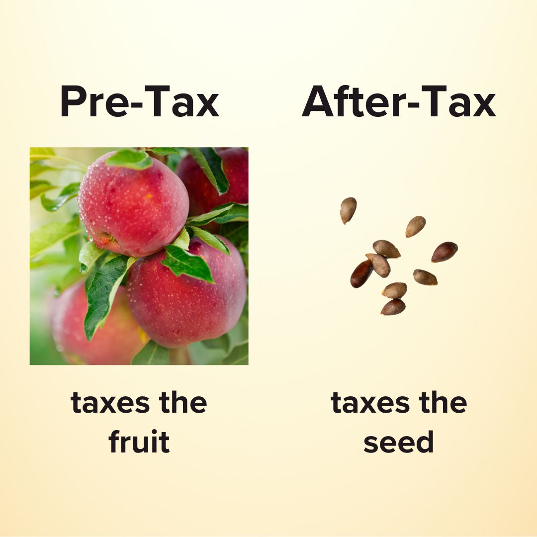 Title 'Traditional' on the left and 'Roth' on the right. Below 'Traditional' is a photo of apples on a branch and 'taxes the fruit.' Below Roth is a photo of seeds and 'taxes the seed.'