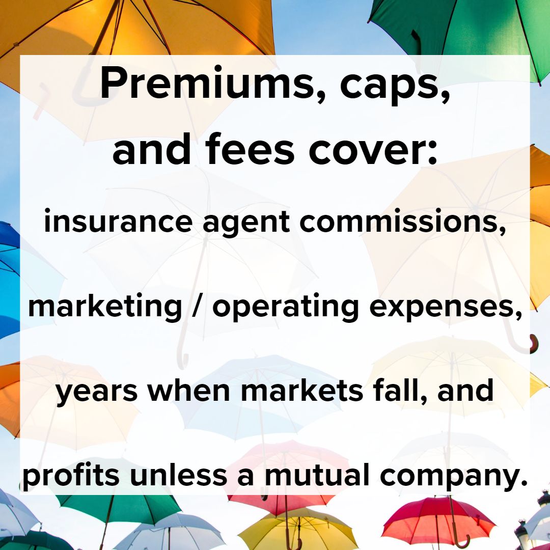 Title 'Premiums, caps, and fees cover:' in black on top. Below it is: insurance agent commissions, marketing / operating expenses, years when markets fall, and profits unless a mutual company.' The background photo is of many umbrellas in the air.