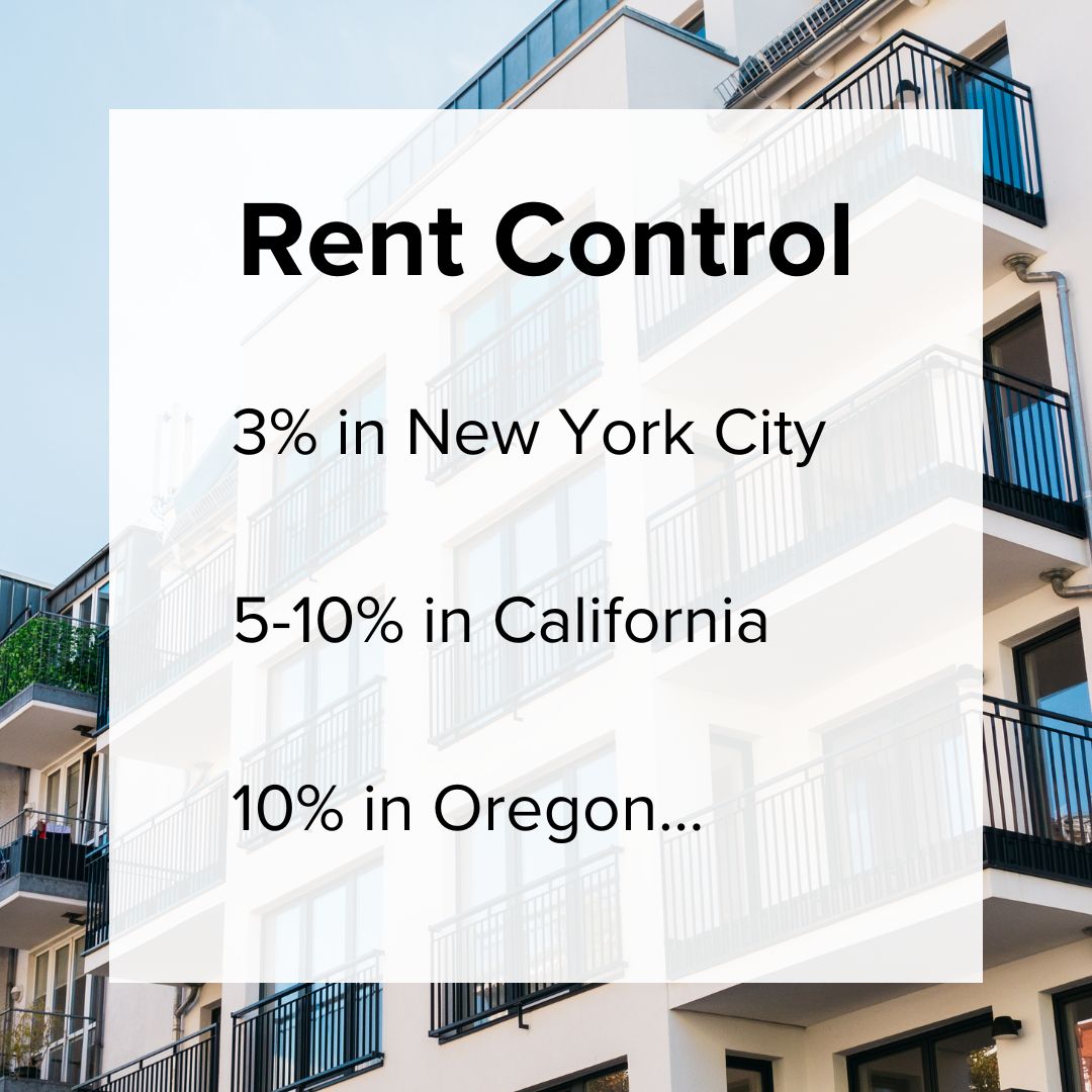 Title 'Rent Control' in black at the top. 3% in New York City, 5-10% in California, 10% in Oregon... It's on a partially transparent white square in the center. An apartment complex is in the background.