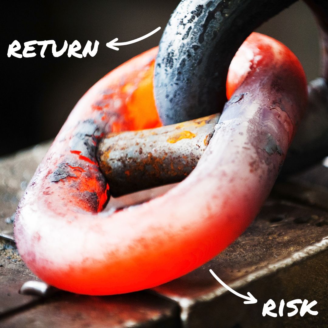Two metal chain links. One is cooler. Another is molten red. There's a white arrow from the cooler link to word RETURN written in white marker. There's another white arrow from the red hot link to the word RETURN in white marker.