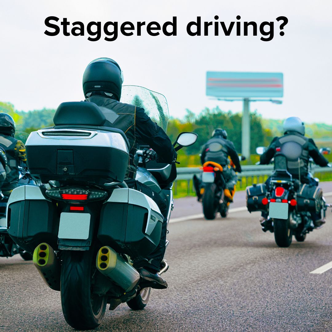 Title 'Staggered driving?' on top. It's a photo of a group of mortocyclists from behind who are riding in a staggered formation in a single lane on the highway.