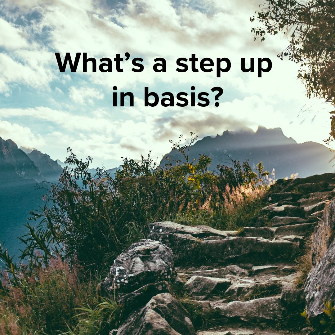 Title 'What's a step up in basis?' on top. Photo of rocky steps at the top of a mountain with sunlight streaming in from the side.