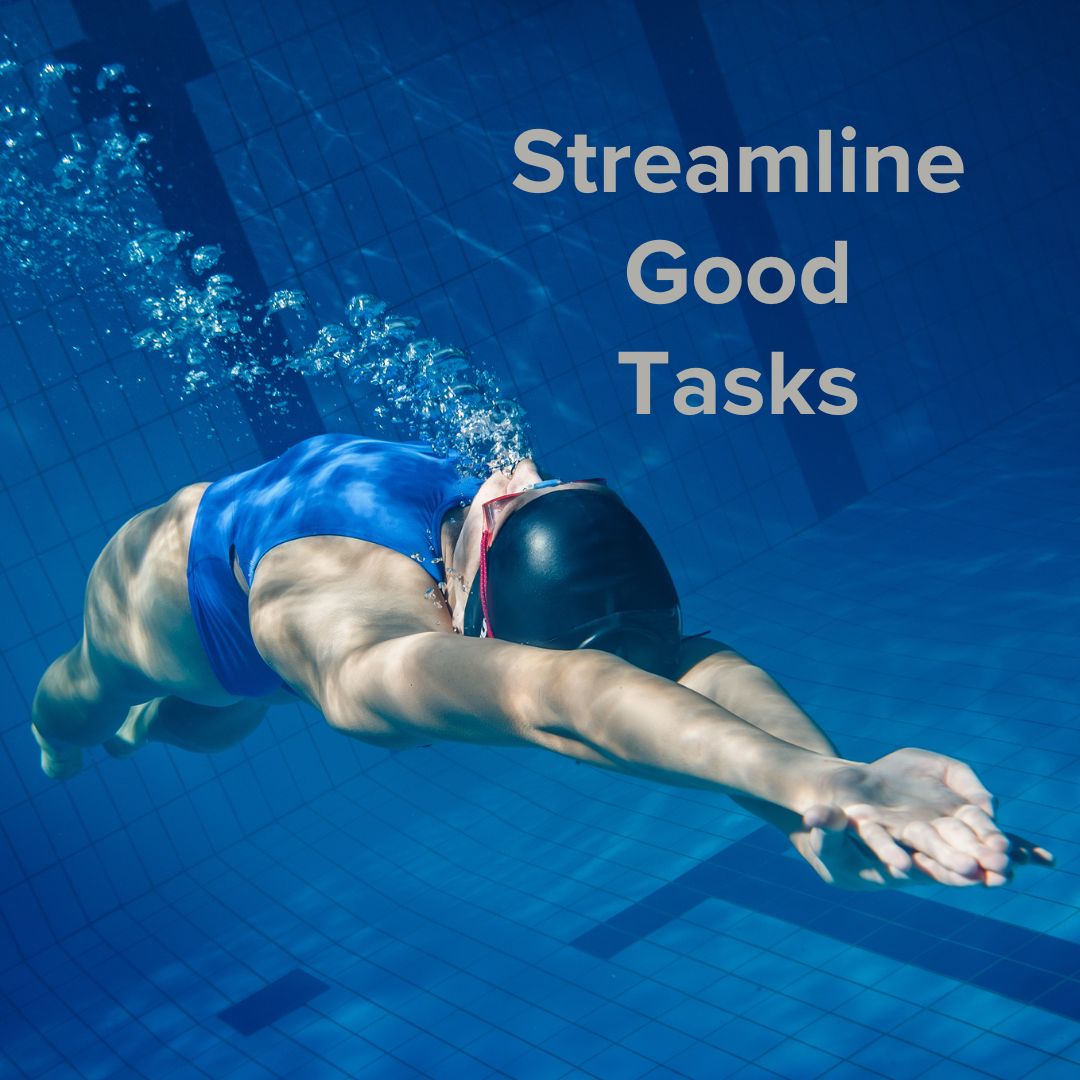 Title 'Streamline Good Tasks' in gray in the upper-right. The images is of a swimmer in a streamline position coming off a pool wall for backstroke.