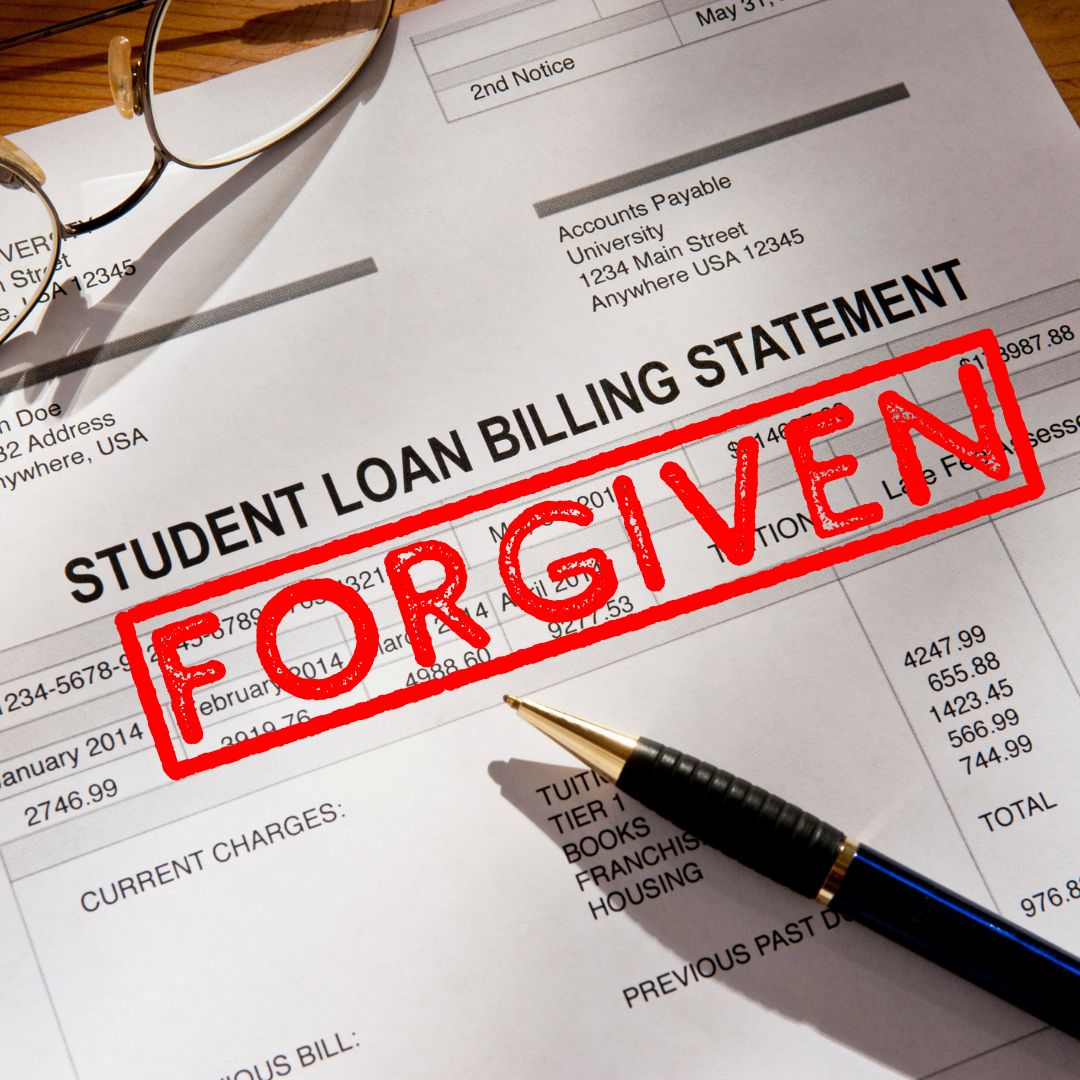A black and white 'STUDENT LOAN BILLING STATEMENT' with a red 'FORGIVEN' stamp across the middle.