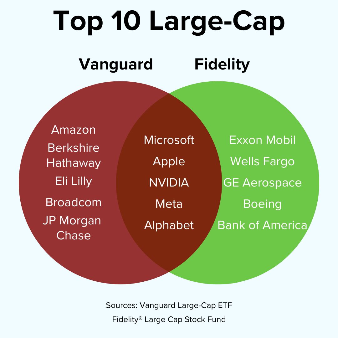 Title 'Top 10 Large-Cap' on top. It's a Venn diagram with Vanguard in maroon on the left and Fidelity in green on the right. The intersection includes: Microsoft, Apple, NVIDIA, Meta, and Alphabet.