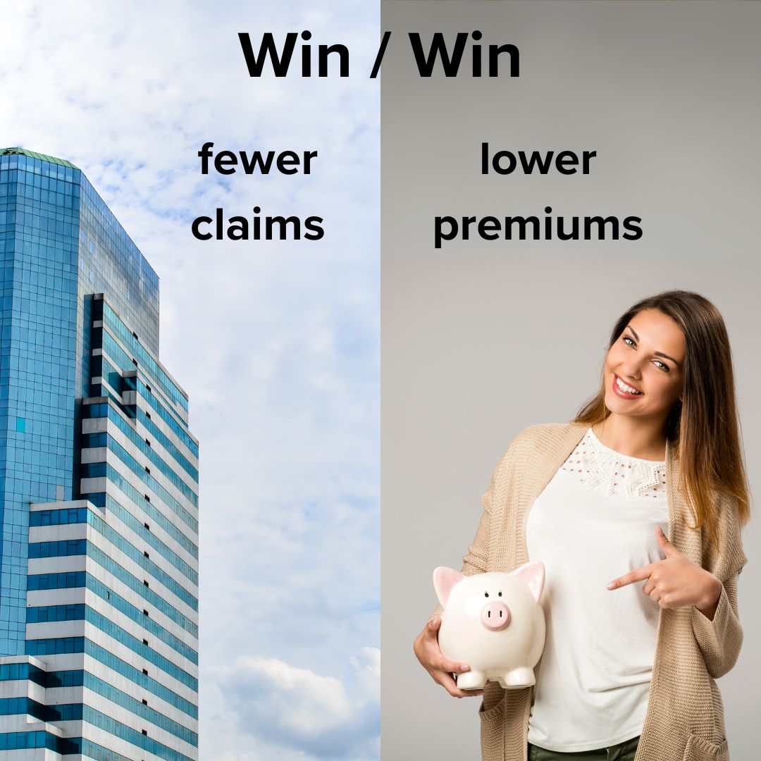 Title 'Win / Win' on top. On the left is a skyscraper on a bright, cloudy day with the words 'fewer claims.' On the right is a woman pointing to a piggy bank with the words 'lower premiums.'