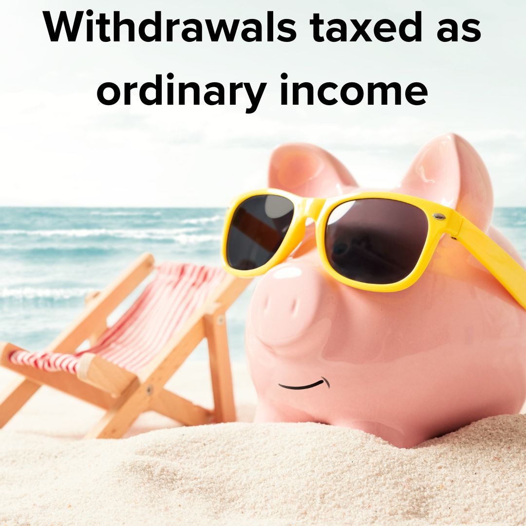Title 'Withdrawals taxed as ordinary income' in black on top. The background photo is of a piggy bank wearing yellow sunglasses at a beach next to a small beach chair.