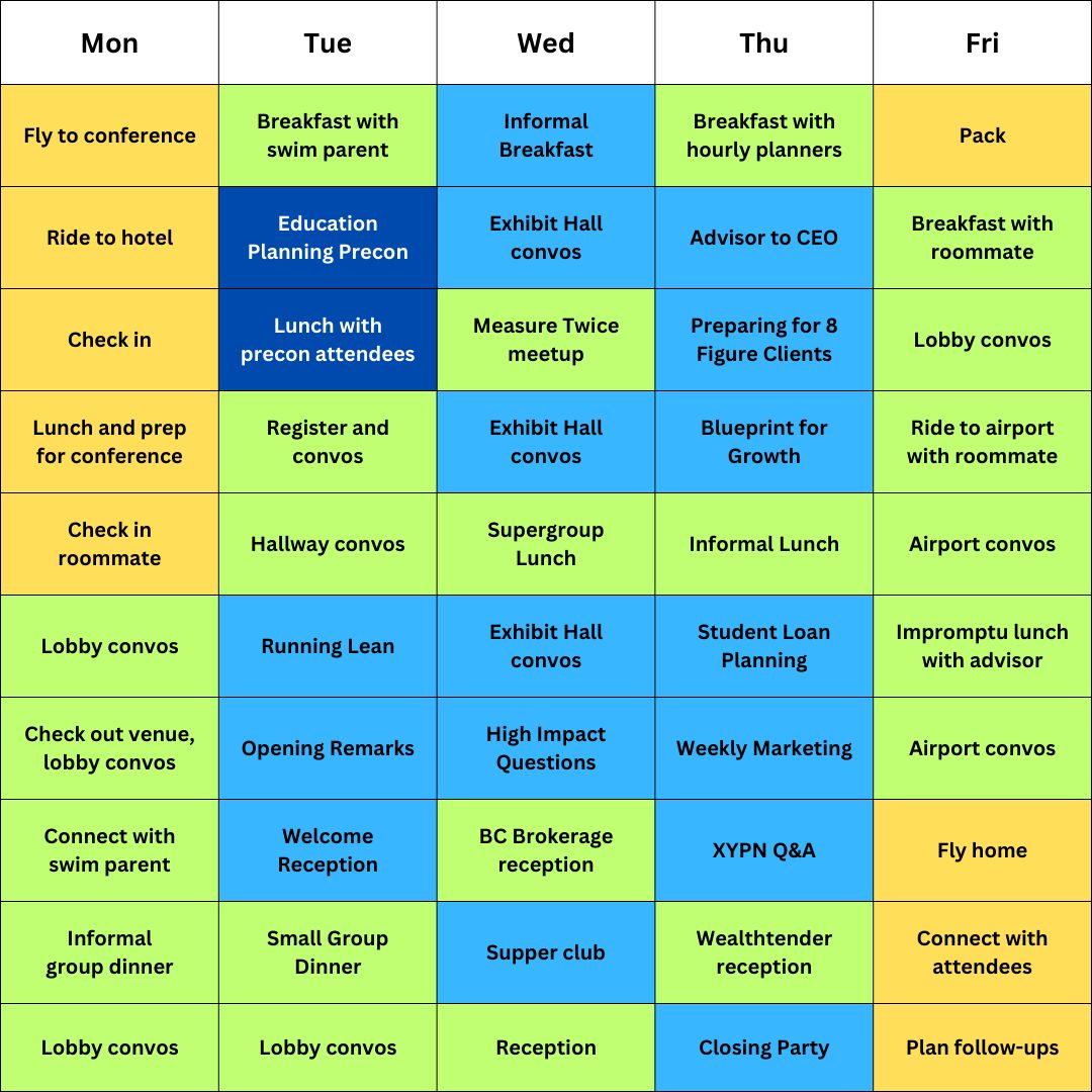 Calendar view with various items coded different colors. The travel items are in orange. The conference events are in light blue. The preconference was in dark blue. The conference faciliated events are in light green.