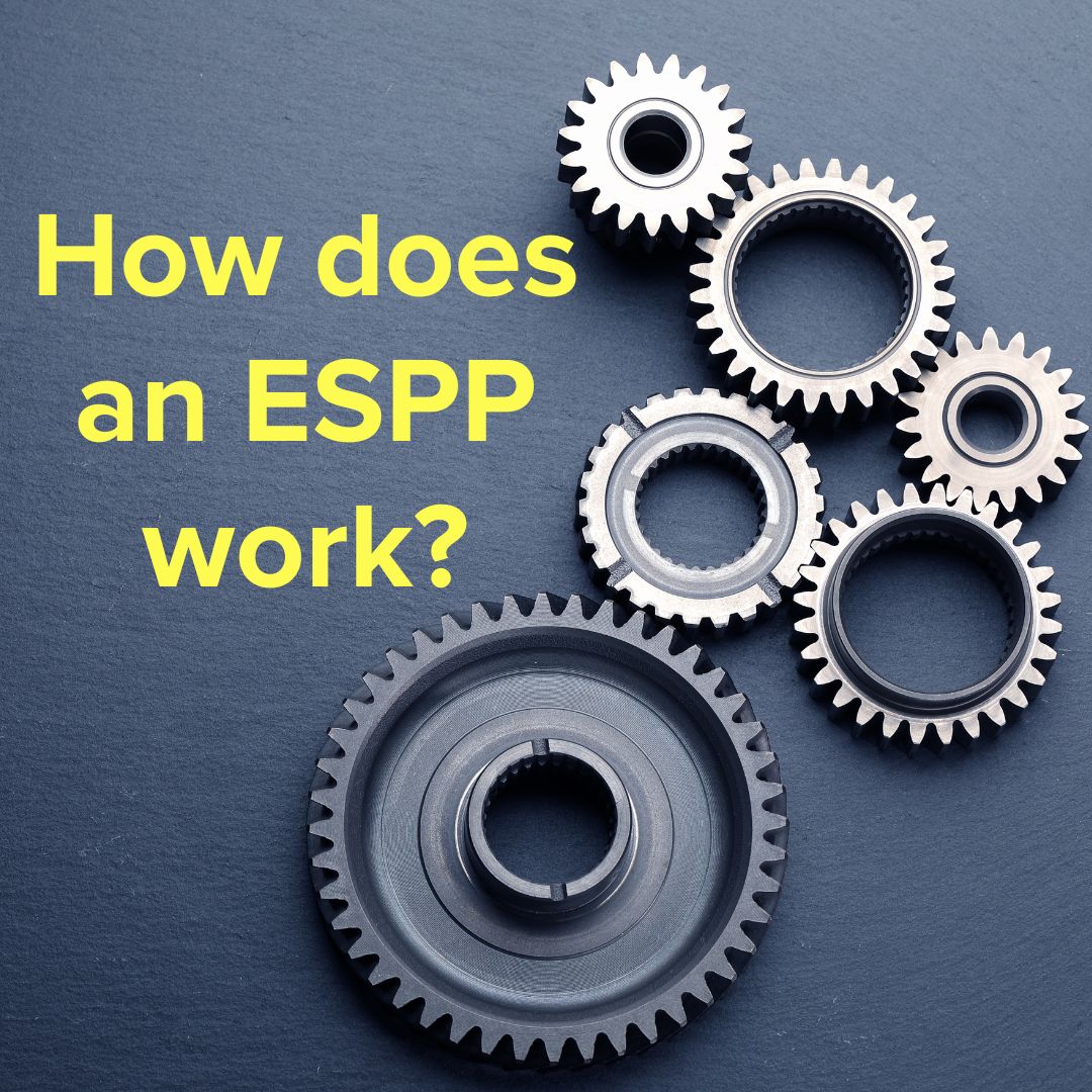 Title: 'How does an ESPP work?' in yellow in the upper-left. On the right are a series of six interconnected and different sized gears. The background is dark gray.