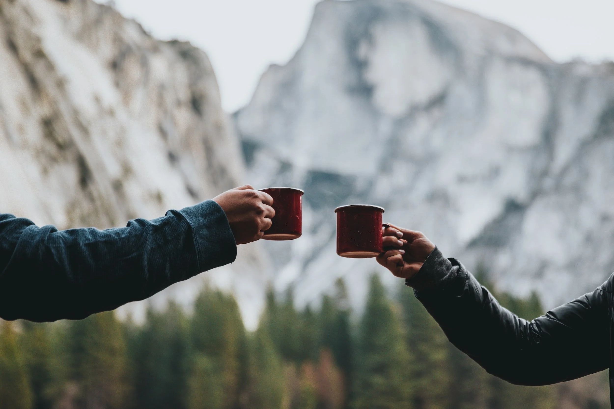 Two mugs raised for a toast, outdoors with a mountainous landscape in the background.