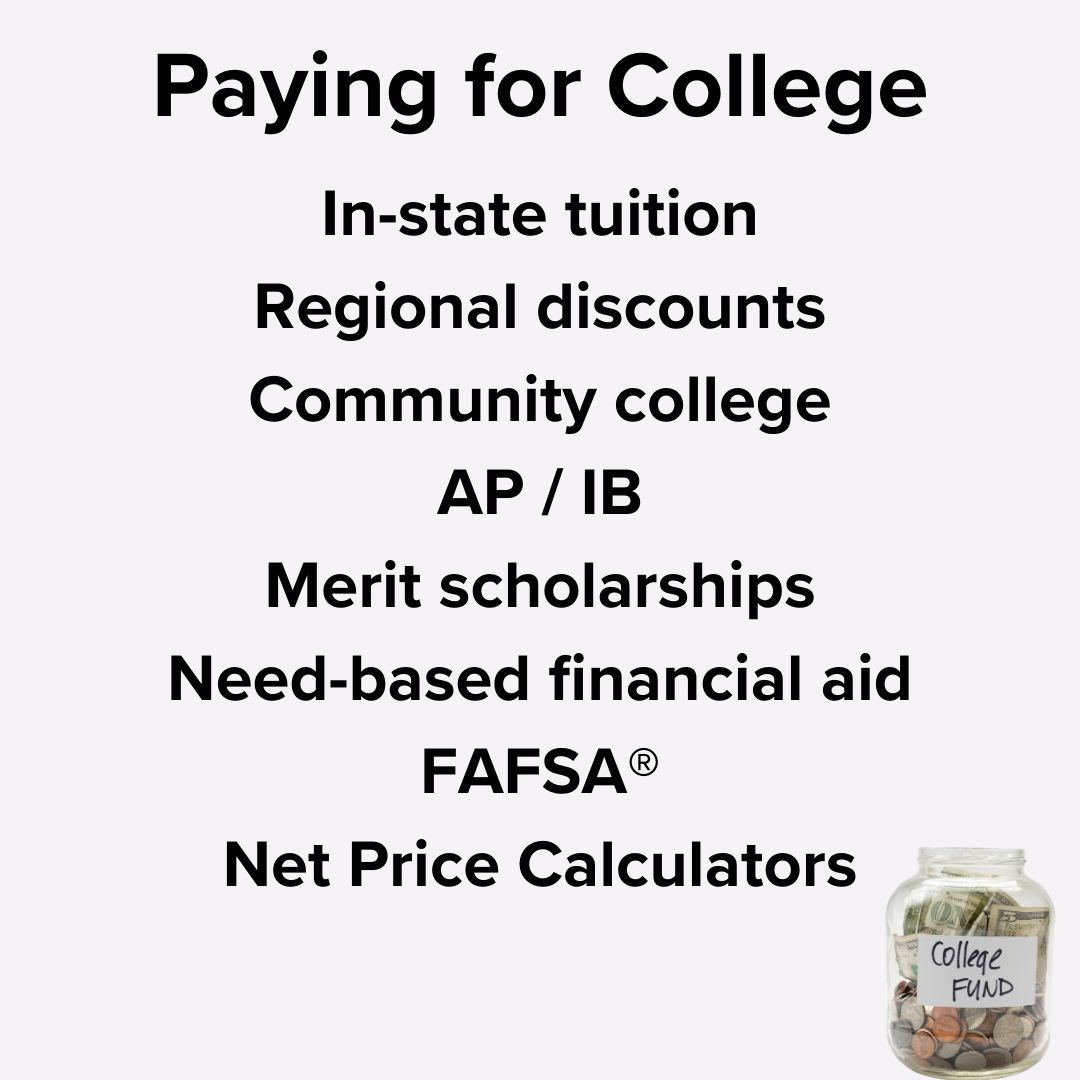 Title: 'Paying for College' on top. In-state tuition, regional discounts, community college, AP / IB, merit scholarships, need-based financial aid, FAFSA®, Net Price Calculators.