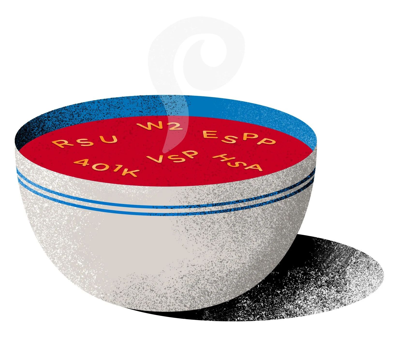 Illustration of a bowl of red alphabet soup with yellow letters spelling RSU, 401K, W2, VSP, ESPP, and HSA. White exterior bowl with two blue lines. Bowl interior is blue. Shadow cast to the right of the bowl. Steams rises from the bowl center.